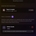 The sharing screen with trip invites and a public calendar feed